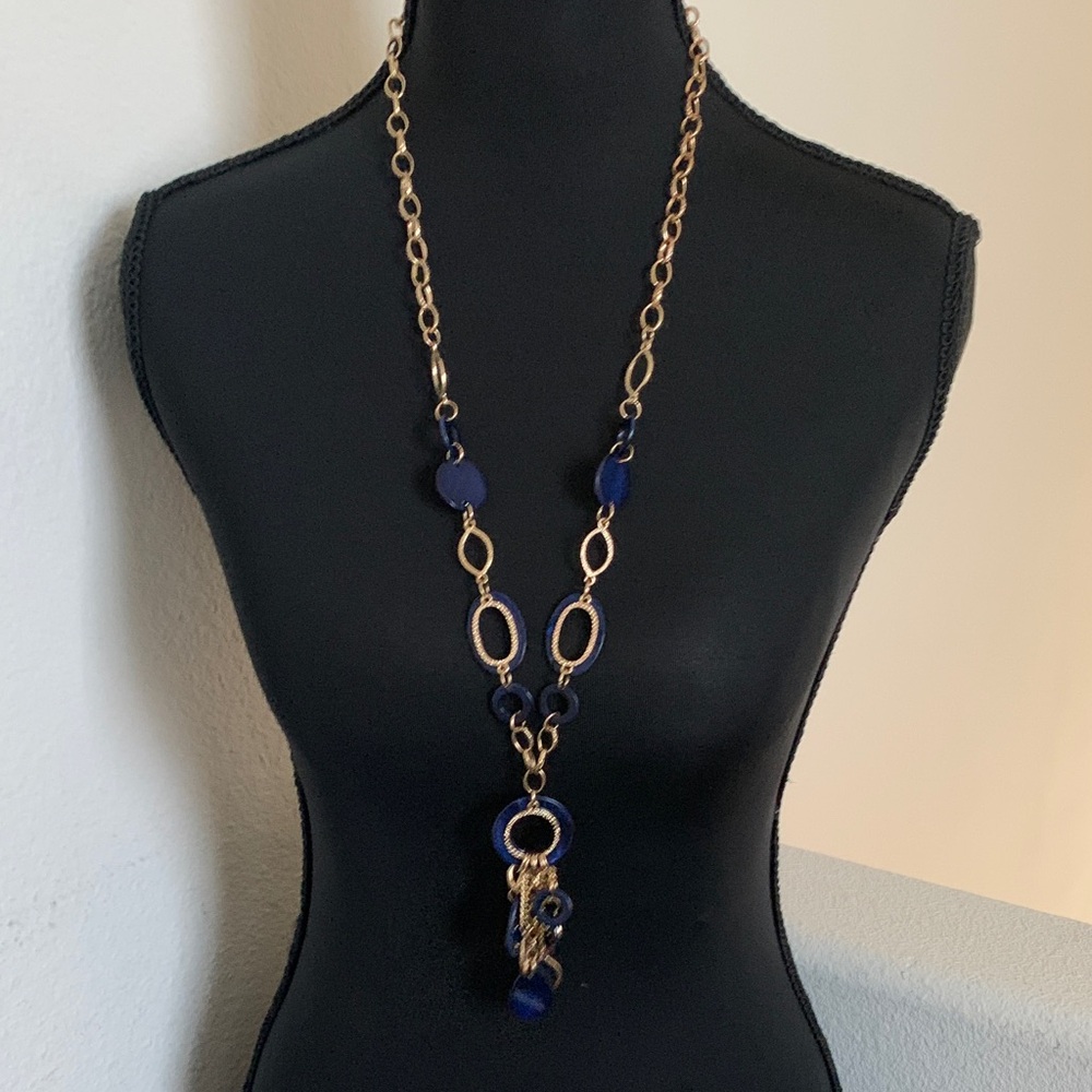 Vintage Elegant Gold and Blue Long Necklace.